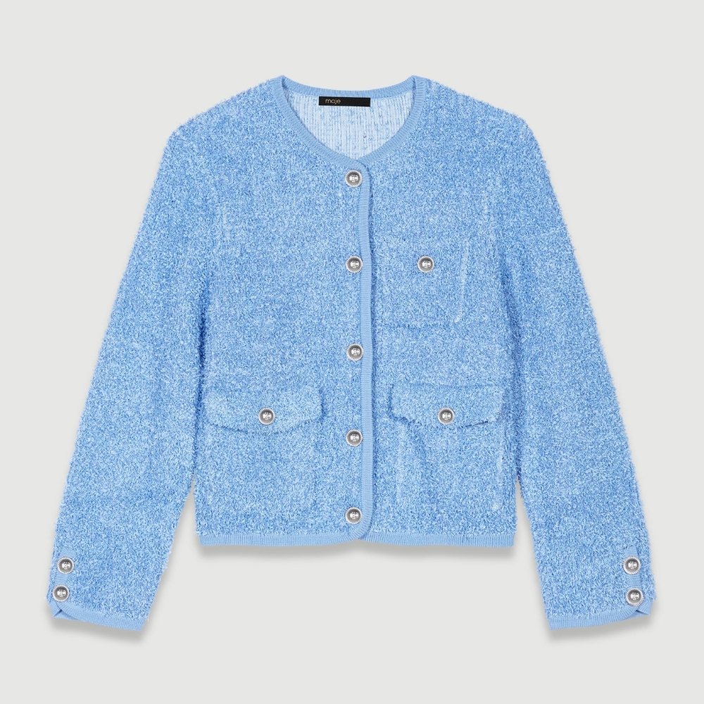 Maje Blue Boucle Blazer with Boxy Silhouette Sequin knit cardigan